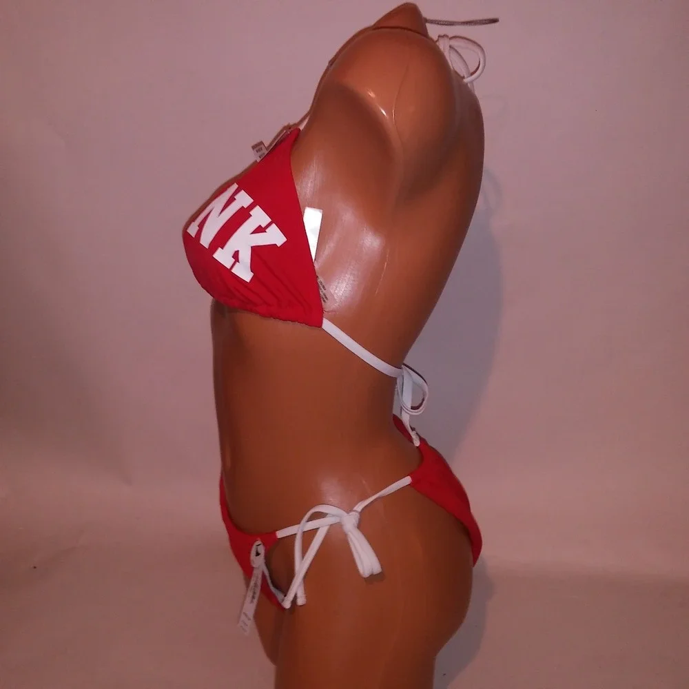 Victoria Secret PINK Swim Bikini Medium Top & Bottom Red White Logo Triangle New
